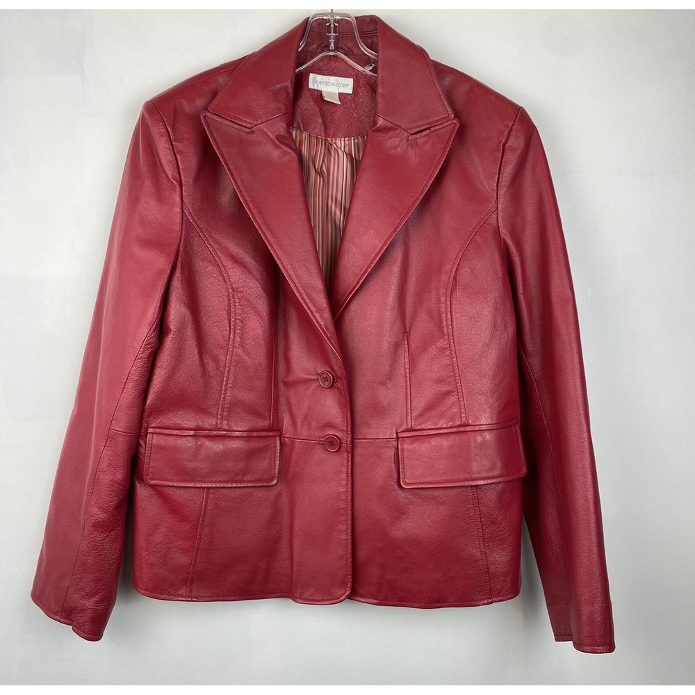 Red Leather Jacket Women XL Blazer Coat Button Notch Holiday Old Money Quiet Lux